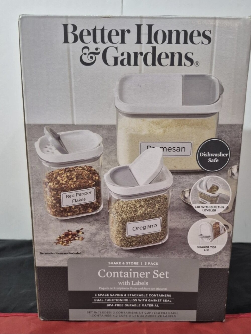 Better Homes & Gardens Shake & Store 3 Storage Spices Containers Labels NIB